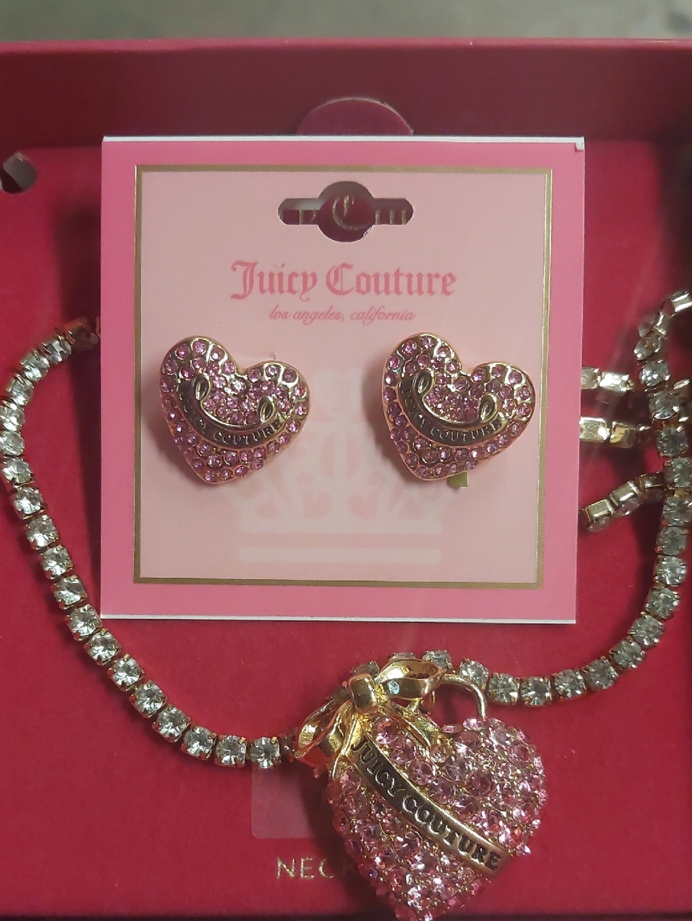 New Juicy Couture Pink Crystal Heart Earrings & Necklace Set
